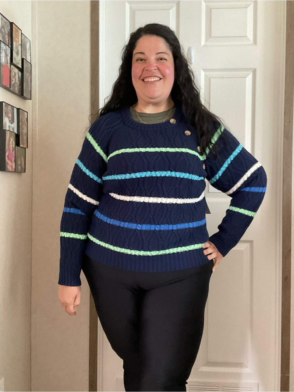 St. John's Bay Navy Crewneck Sweater with Blue, Green & White Stripes